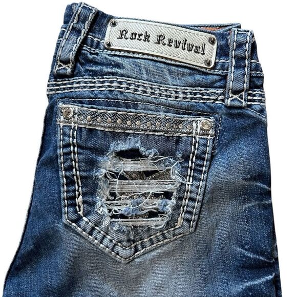 Rock Revival Sherry Easy Capri Distressed Stretch Denim Cropped Cuffed Jeans 26 - Picture 2 of 8